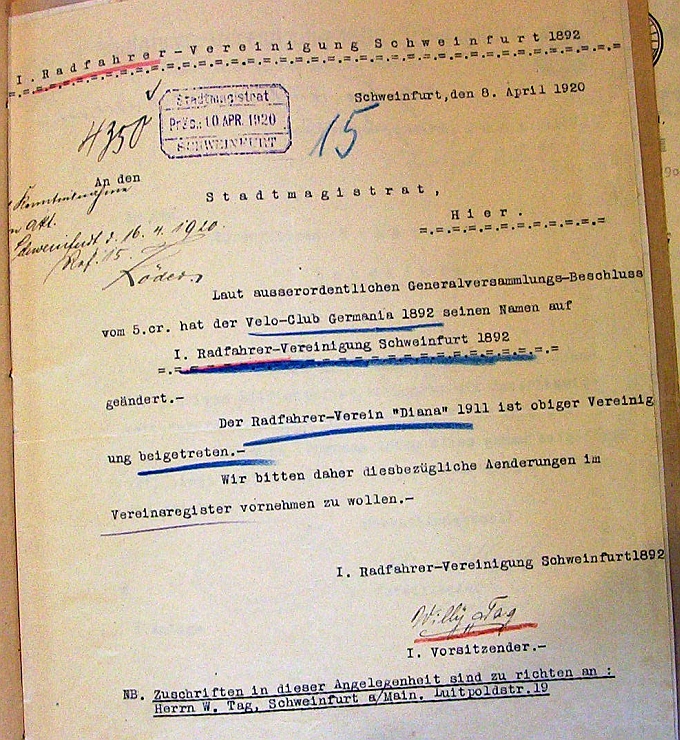 Schreiben an den Stadtmagistrat Schweinfurt vom 8. April 1920