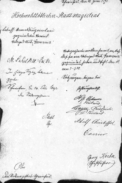 Anmeldungsurkunde des Vereins vom 13. Juni 1892.