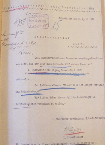 Schreiben an den Stadtmagistrat Schweinfurt vom 8. April 1920